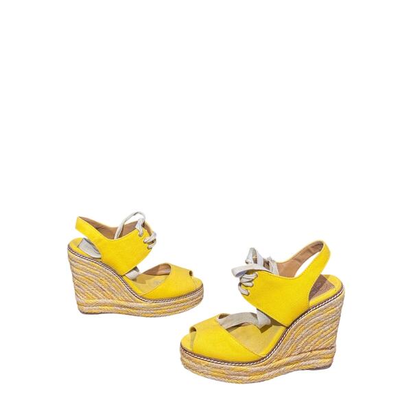 TORY BURCH LINLEY YELLOW CANVAS WEDGE ESPADRILLE LACE UP SANDALS size 6 - Picture 1 of 8